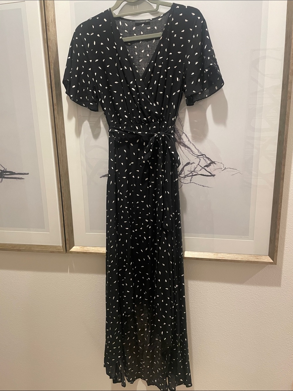 West Kei Black midi high low Dress with White Print